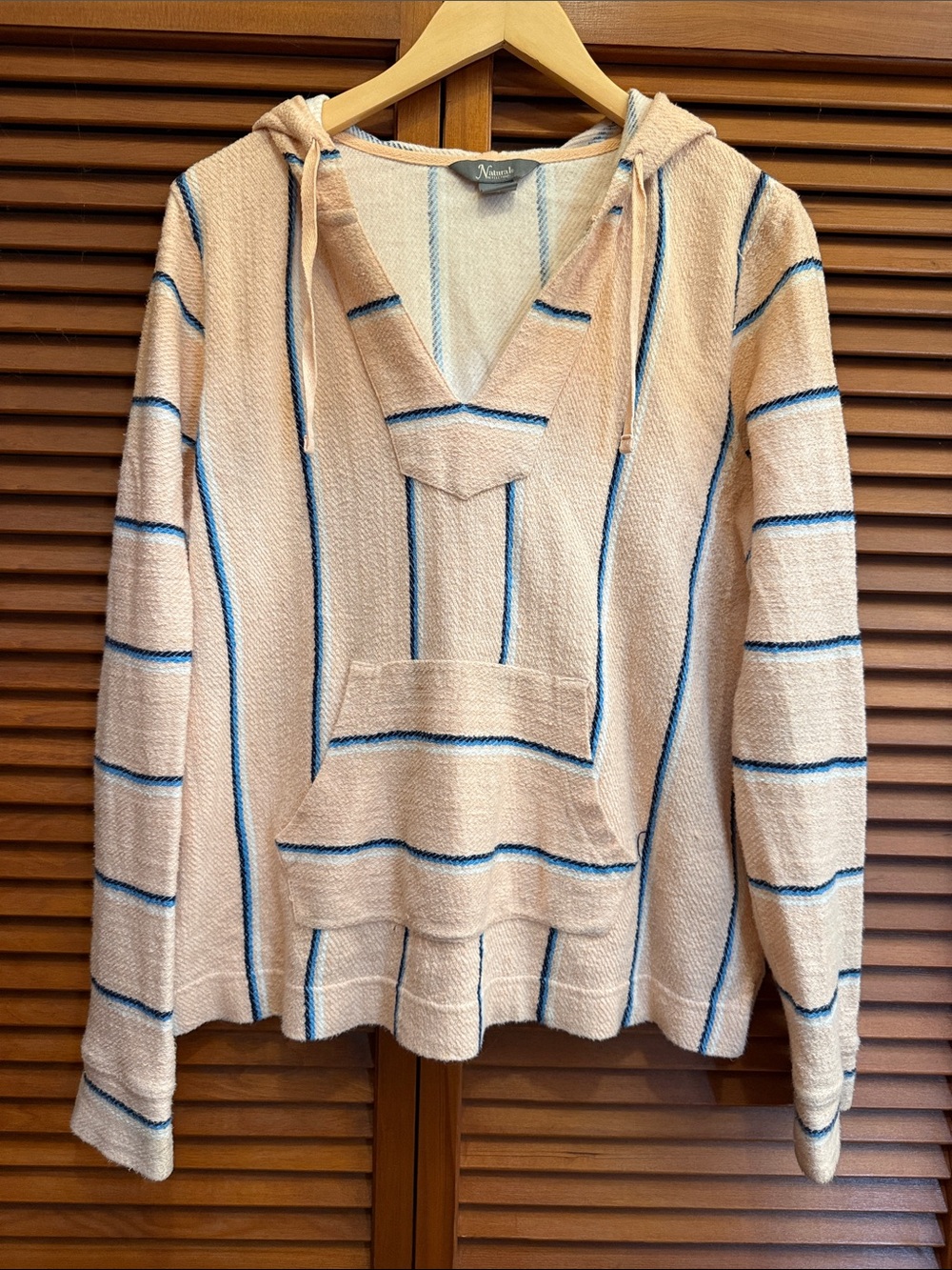 Baja-Style Hooded Sweater in Peach with Blue Stripe Small